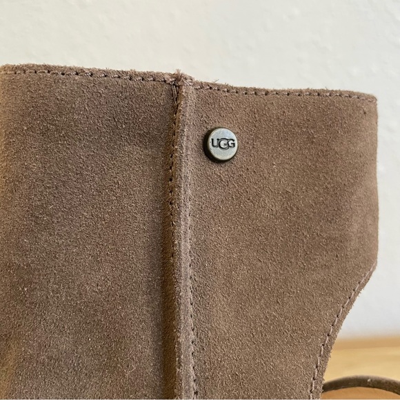 UGG Bootie Valencia Chestnut Brown Suede Leather Peep Toe Stacked Heel Size 7.5 - Picture 10 of 13